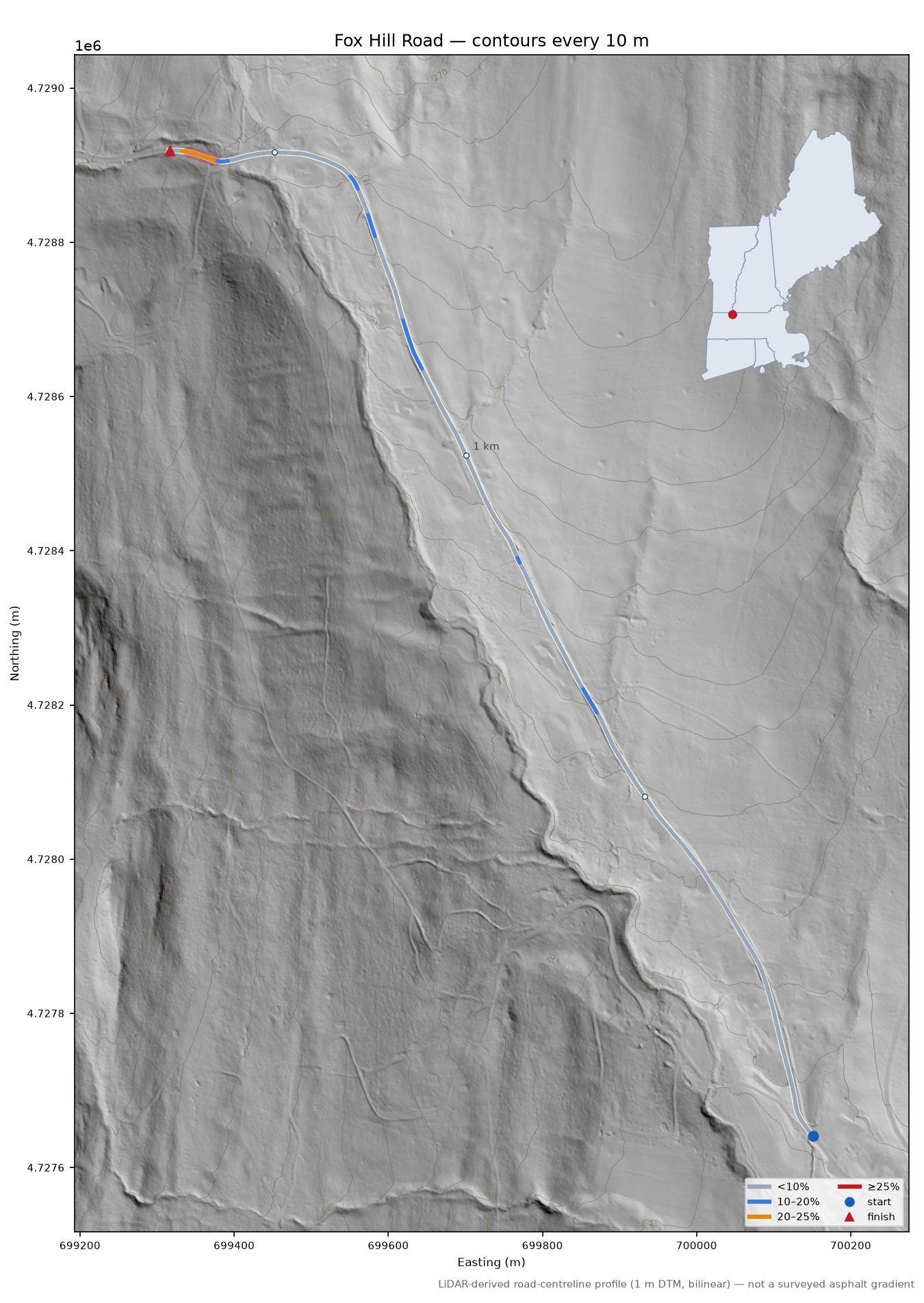 Fox Hill Road LiDAR hillshade map with contours