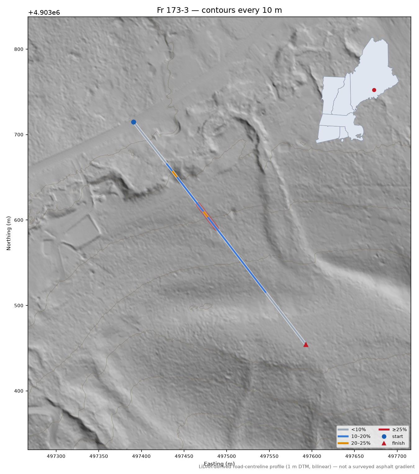 Fr 173-3 LiDAR hillshade map with contours