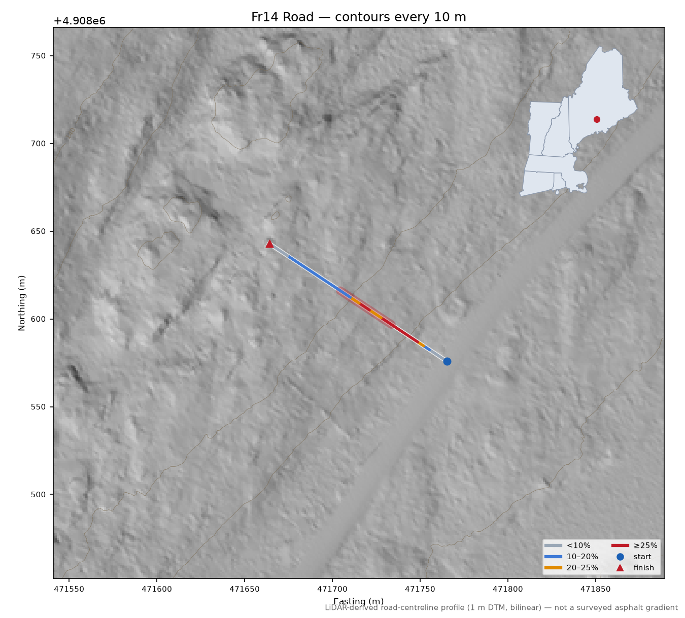 Fr14 Road LiDAR hillshade map with contours