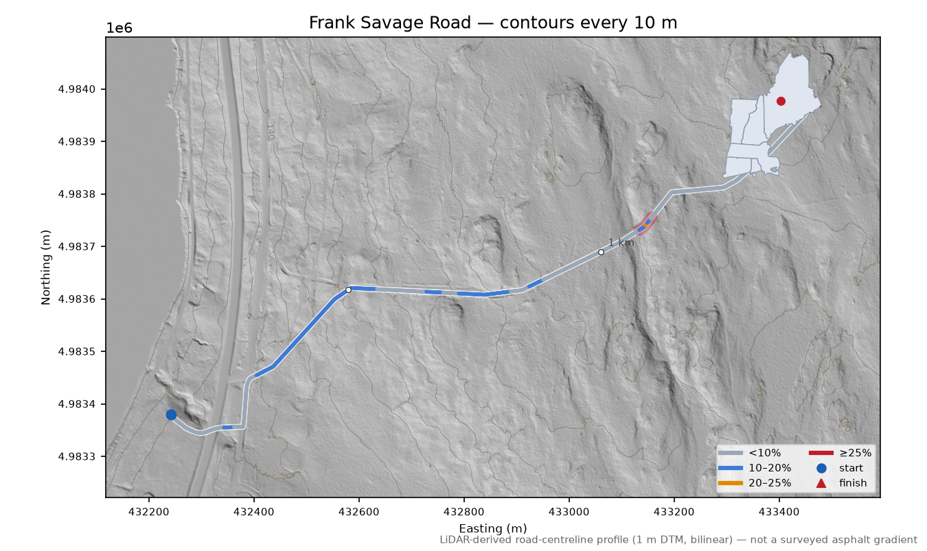 Frank Savage Road LiDAR hillshade map with contours