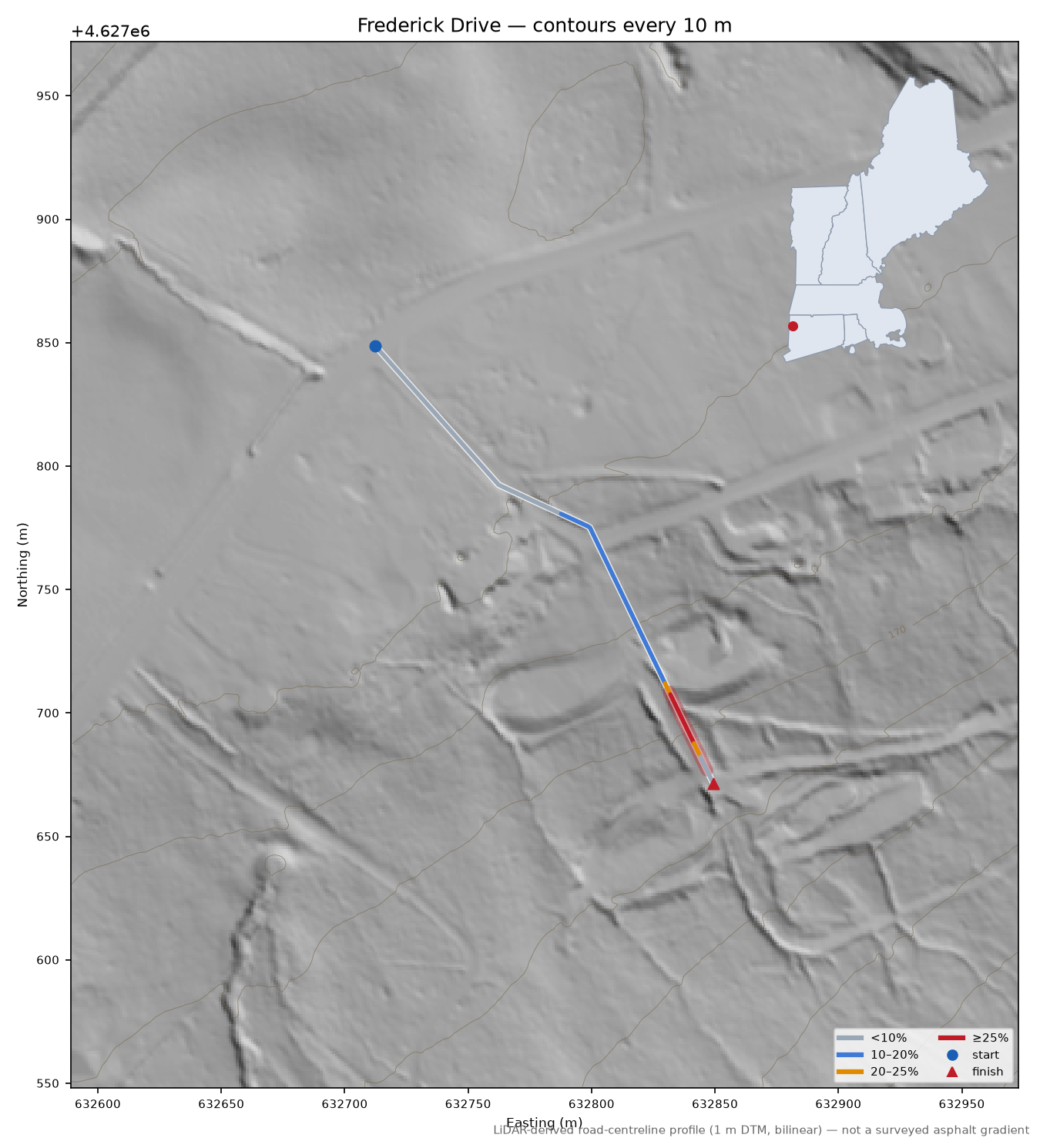 Frederick Drive LiDAR hillshade map with contours
