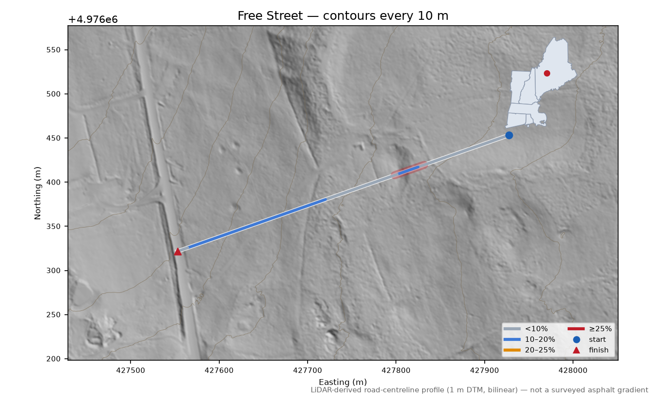 Free Street LiDAR hillshade map with contours