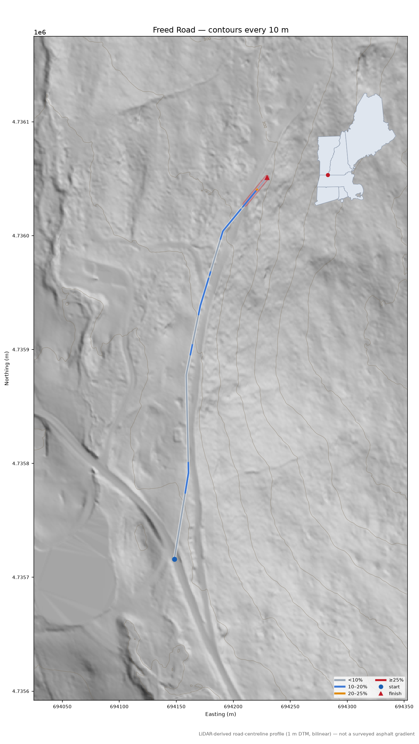 Freed Road LiDAR hillshade map with contours