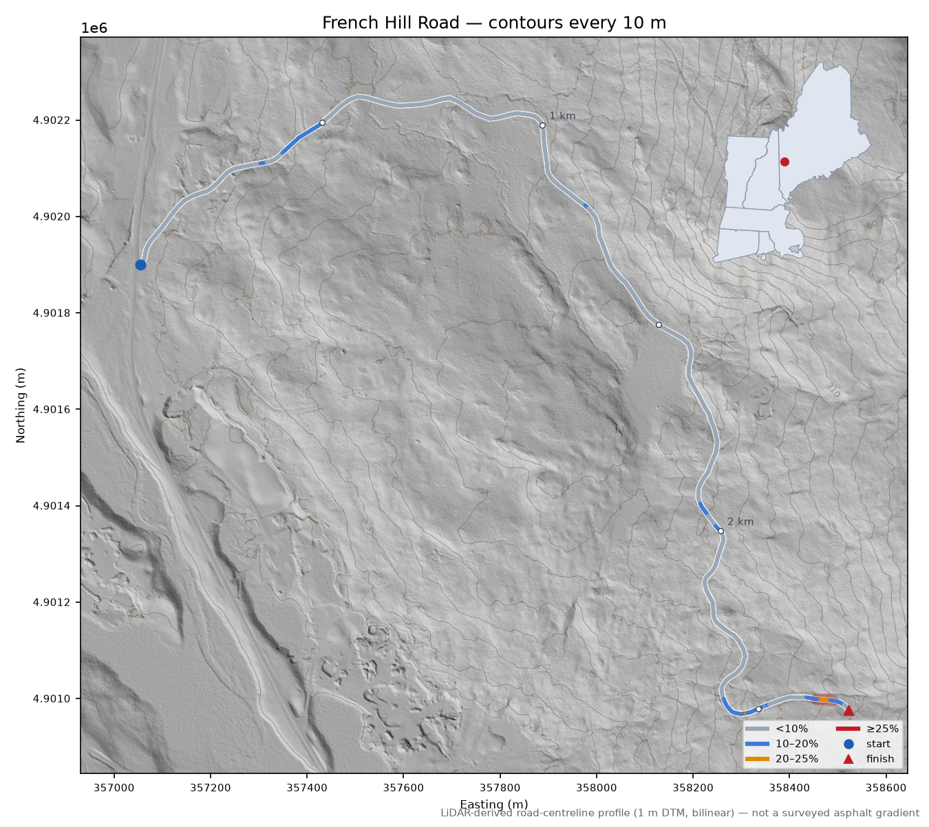 French Hill Road LiDAR hillshade map with contours