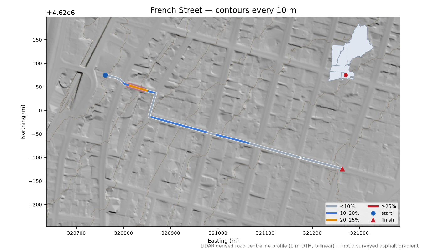 French Street LiDAR hillshade map with contours