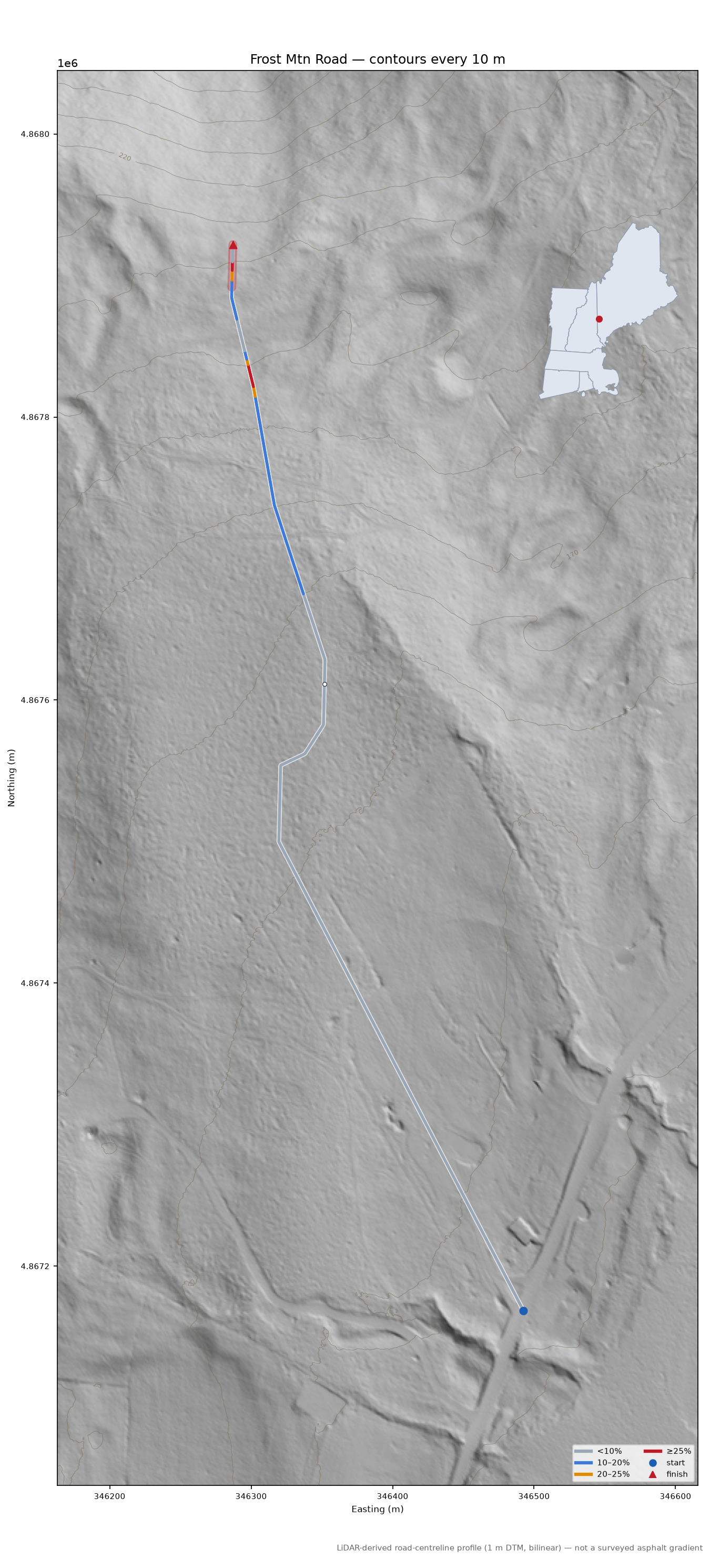 Frost Mtn Road LiDAR hillshade map with contours