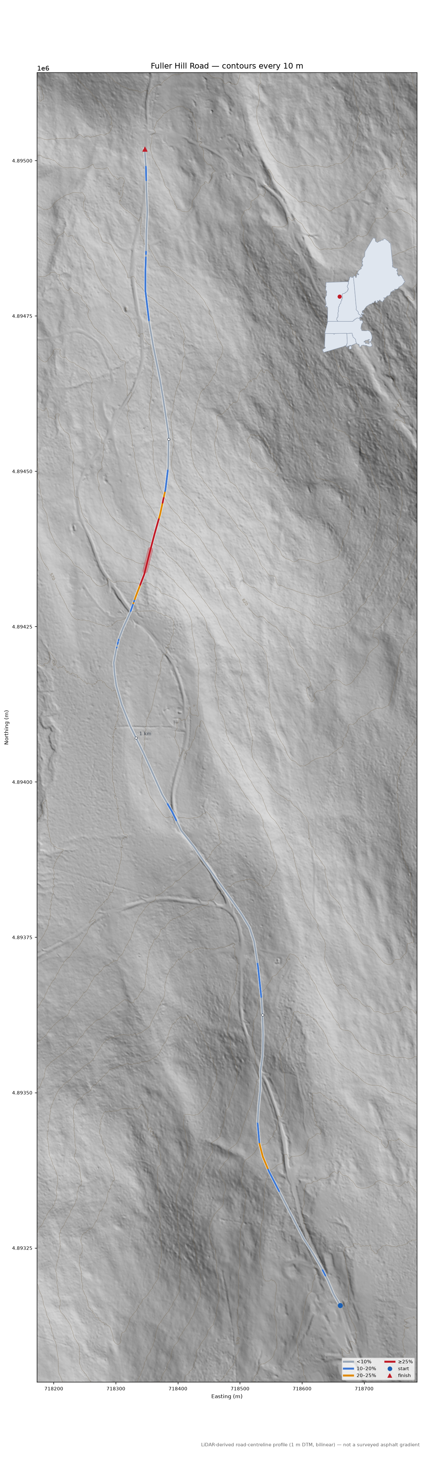 Fuller Hill Road LiDAR hillshade map with contours