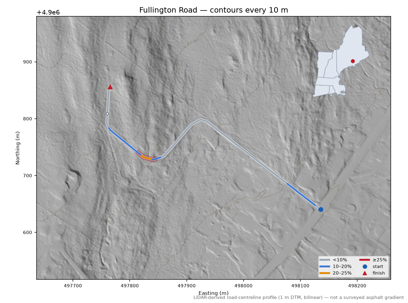 Fullington Road LiDAR hillshade map with contours