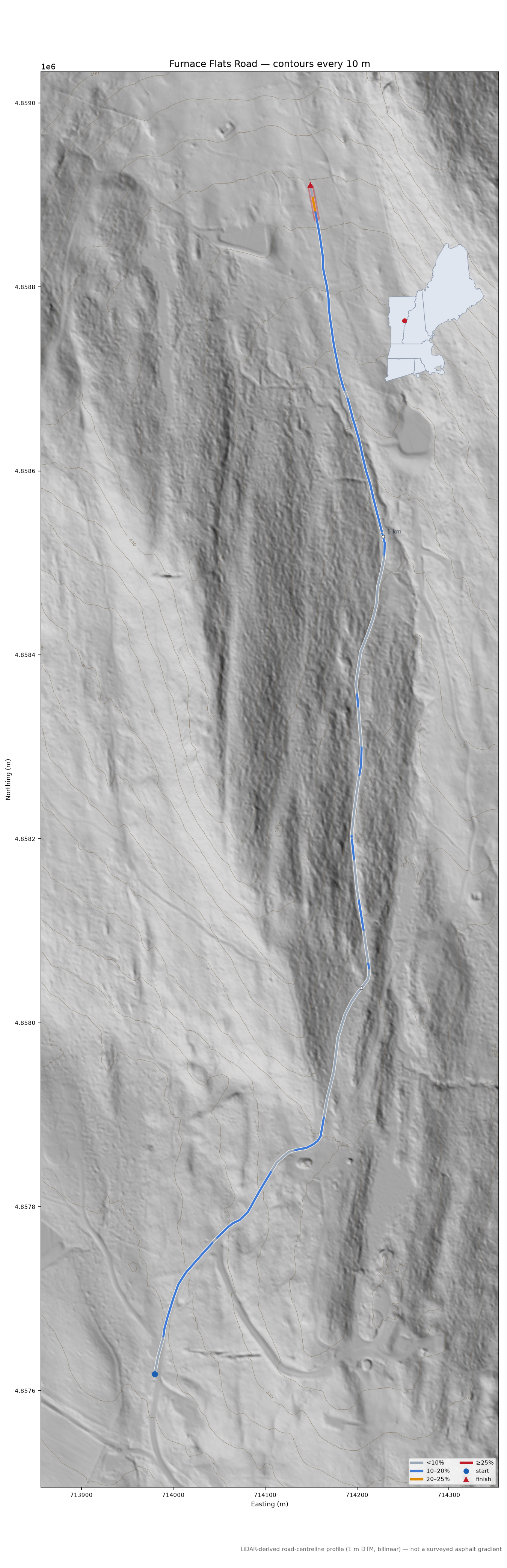 Furnace Flats Road LiDAR hillshade map with contours