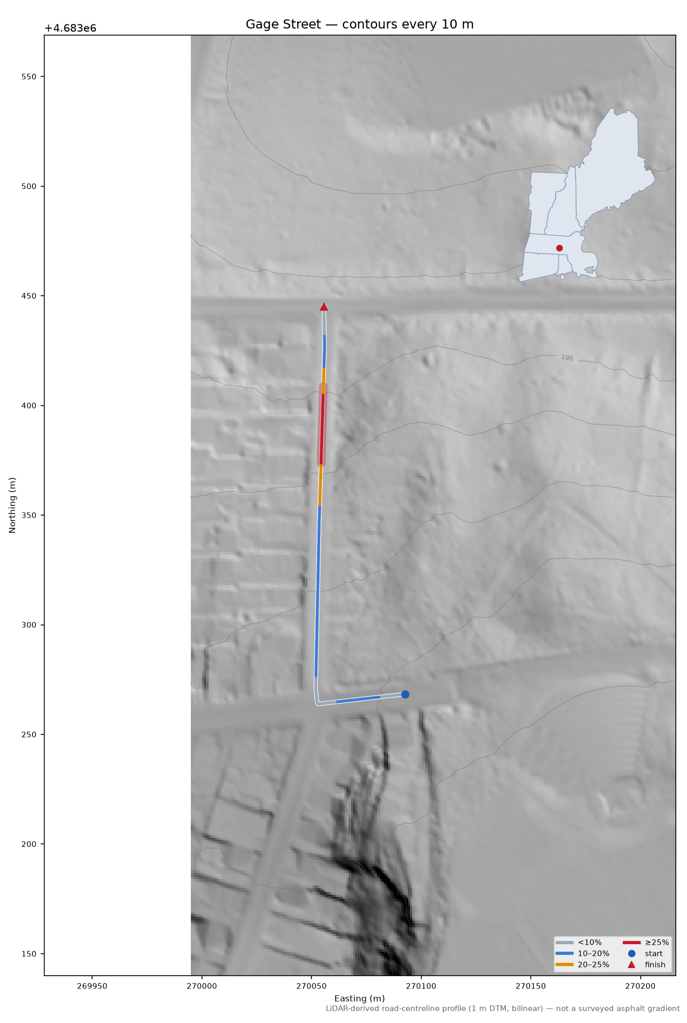 Gage Street LiDAR hillshade map with contours