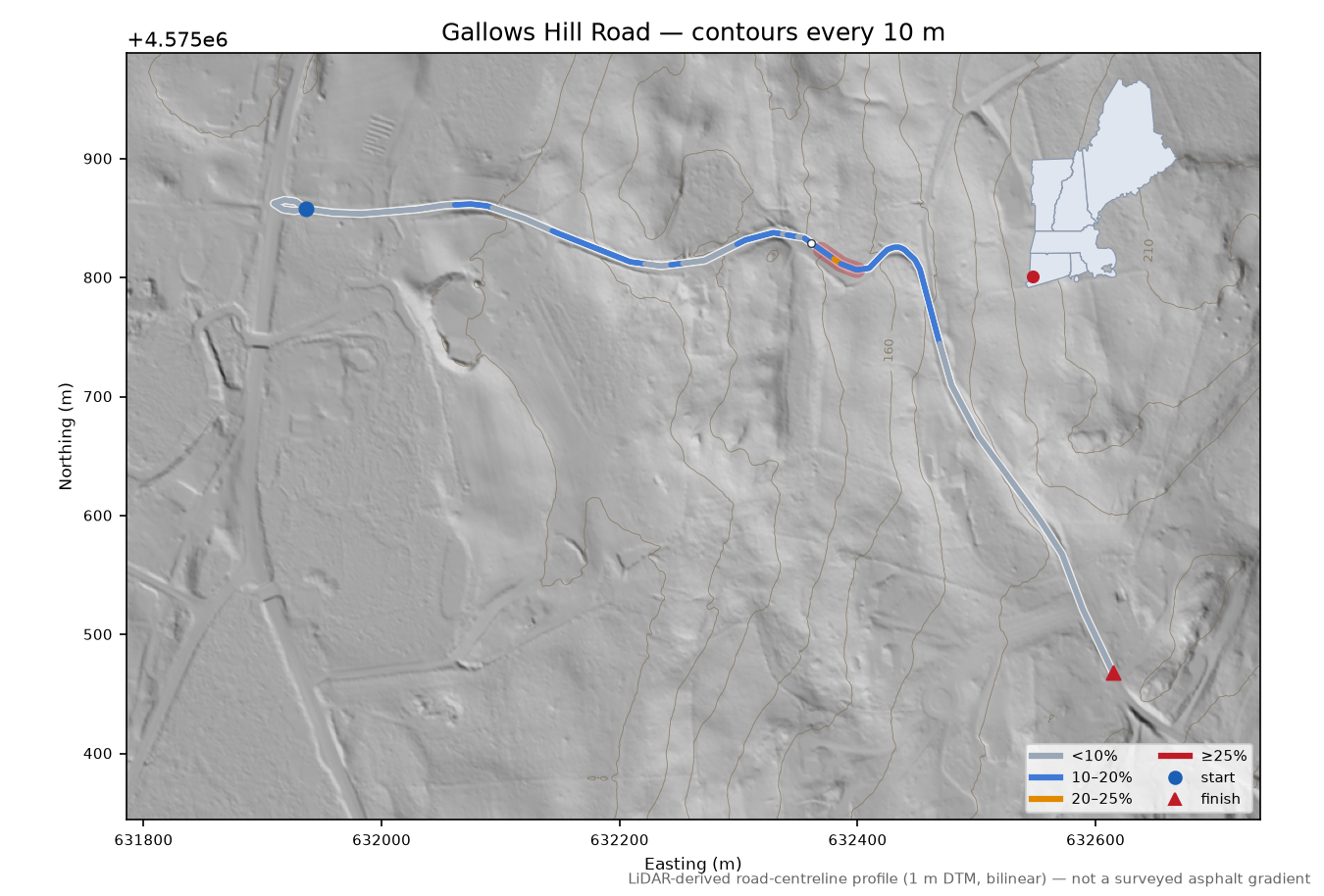 Gallows Hill Road LiDAR hillshade map with contours