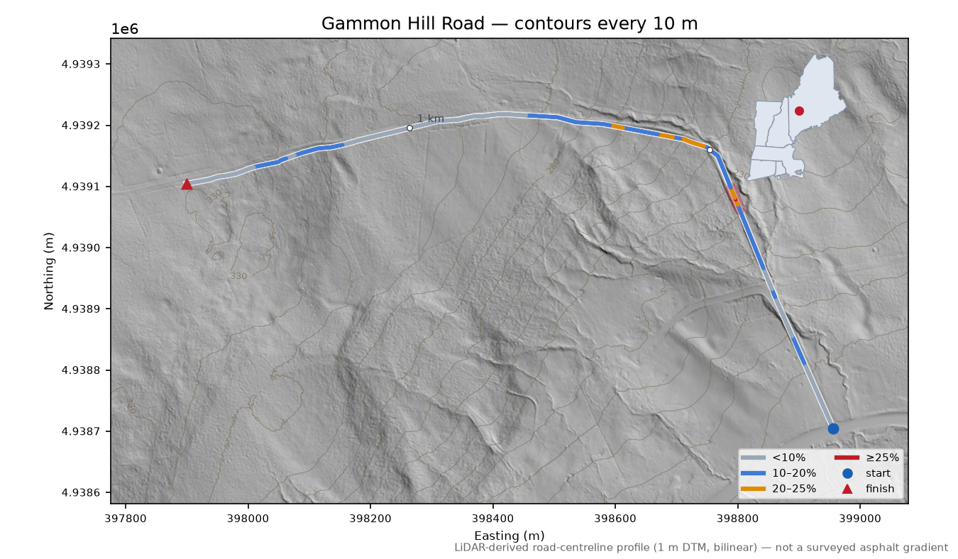 Gammon Hill Road LiDAR hillshade map with contours