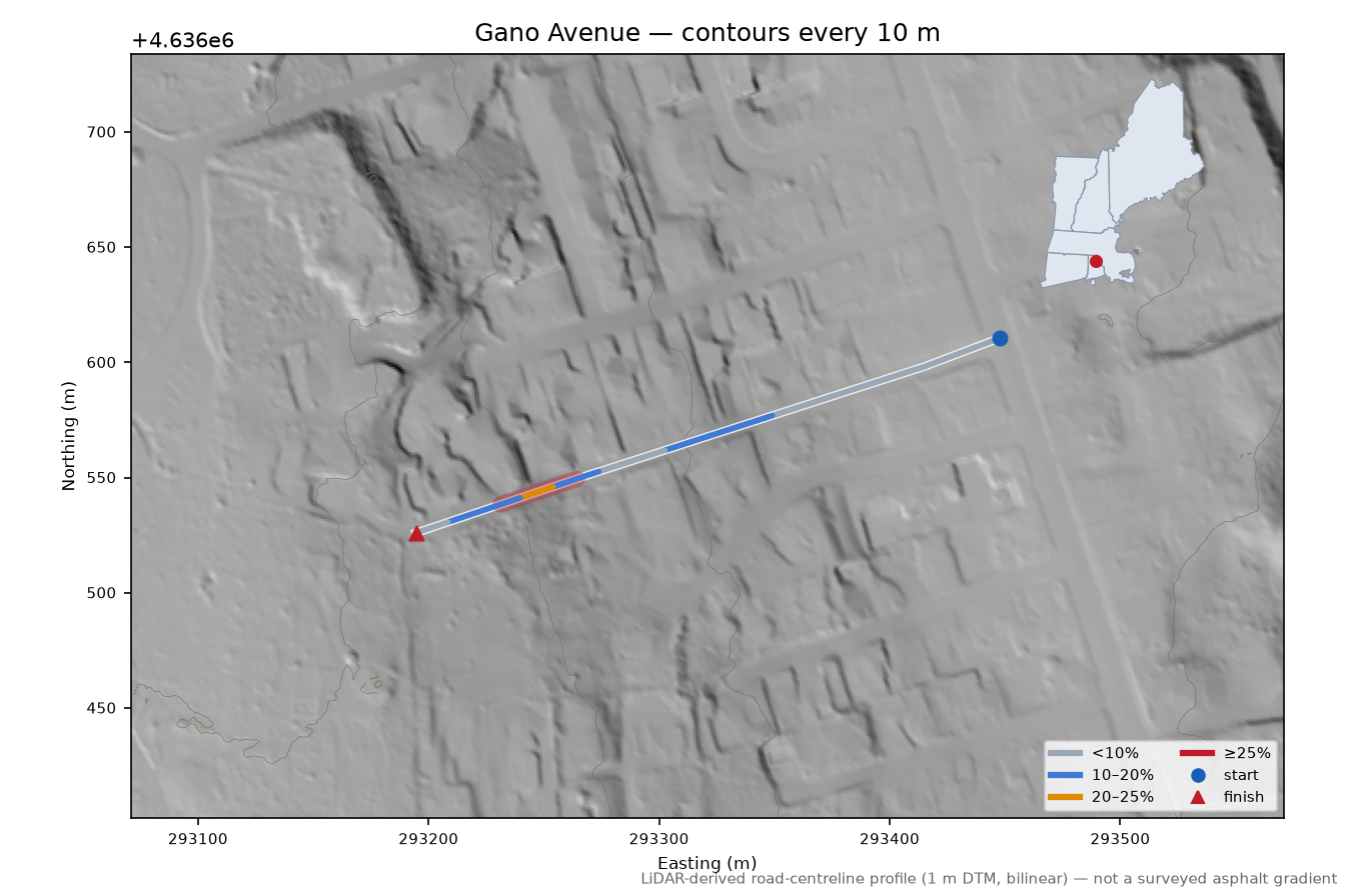 Gano Avenue LiDAR hillshade map with contours