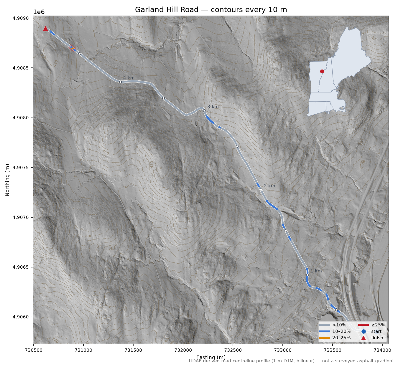 Garland Hill Road LiDAR hillshade map with contours