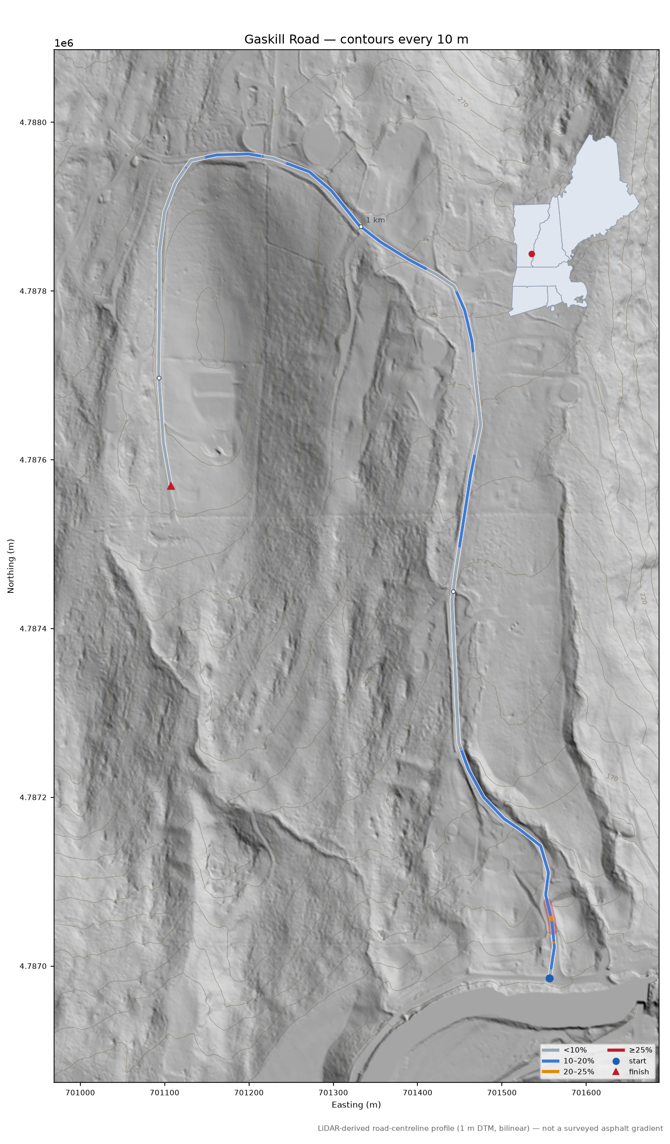 Gaskill Road LiDAR hillshade map with contours