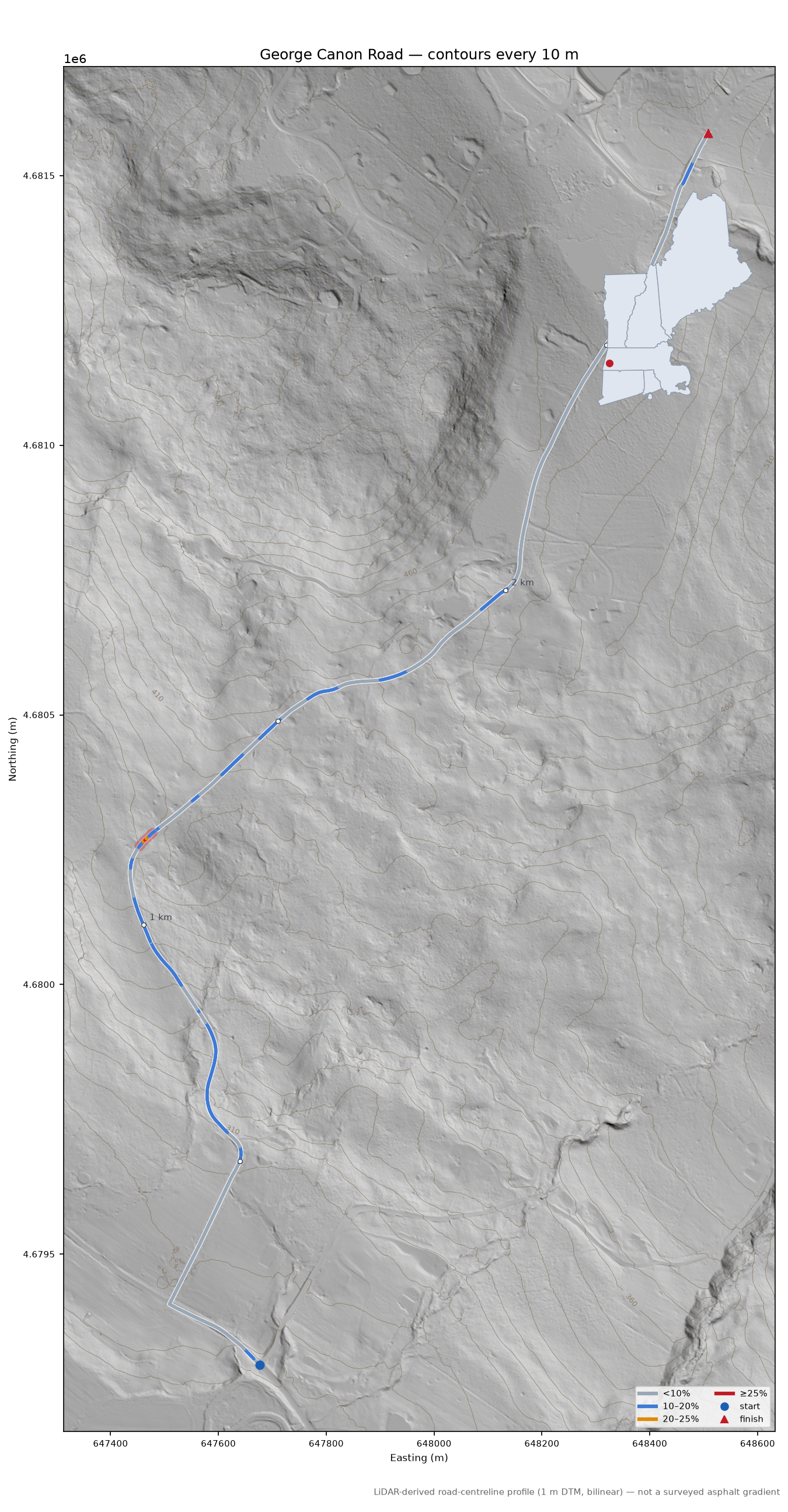 George Canon Road LiDAR hillshade map with contours