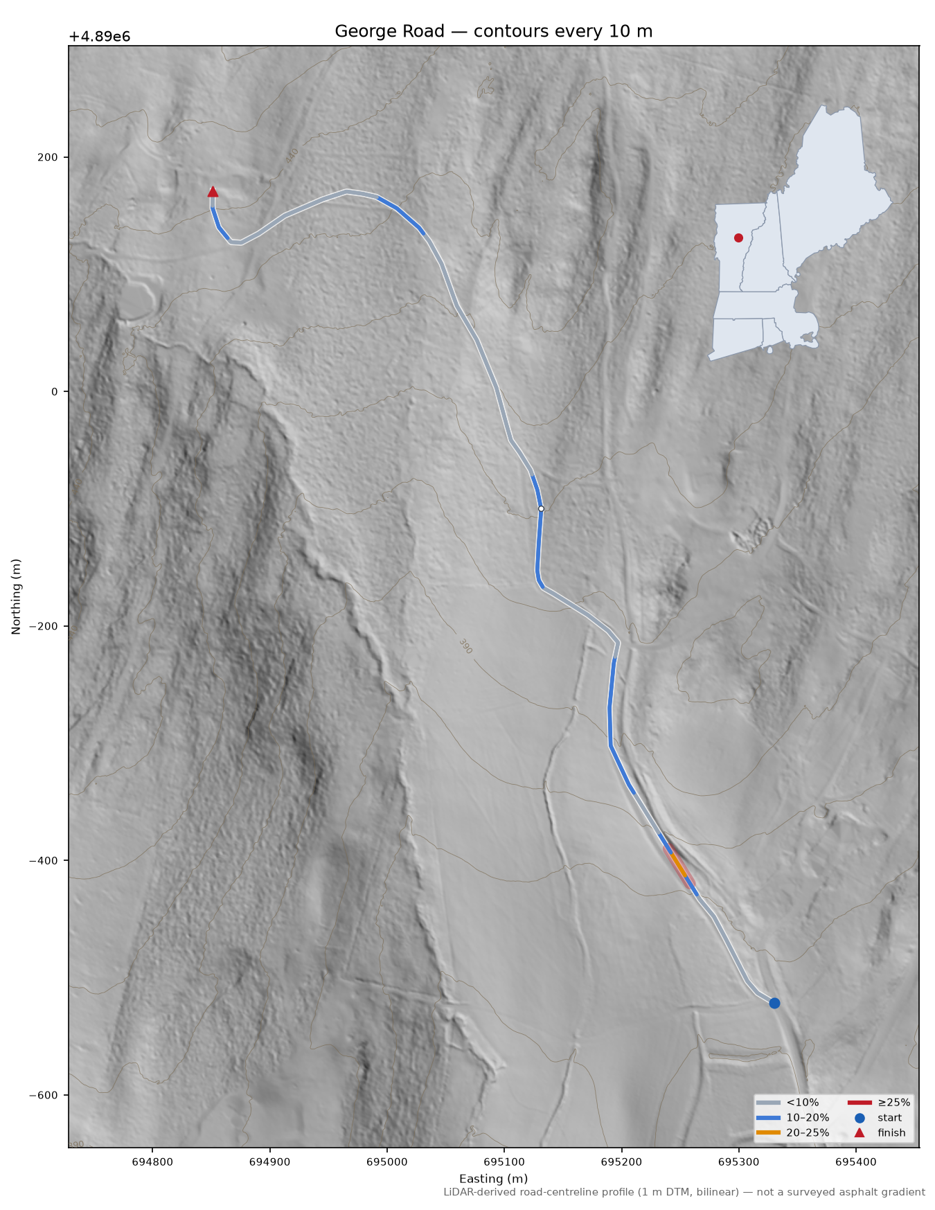 George Road LiDAR hillshade map with contours