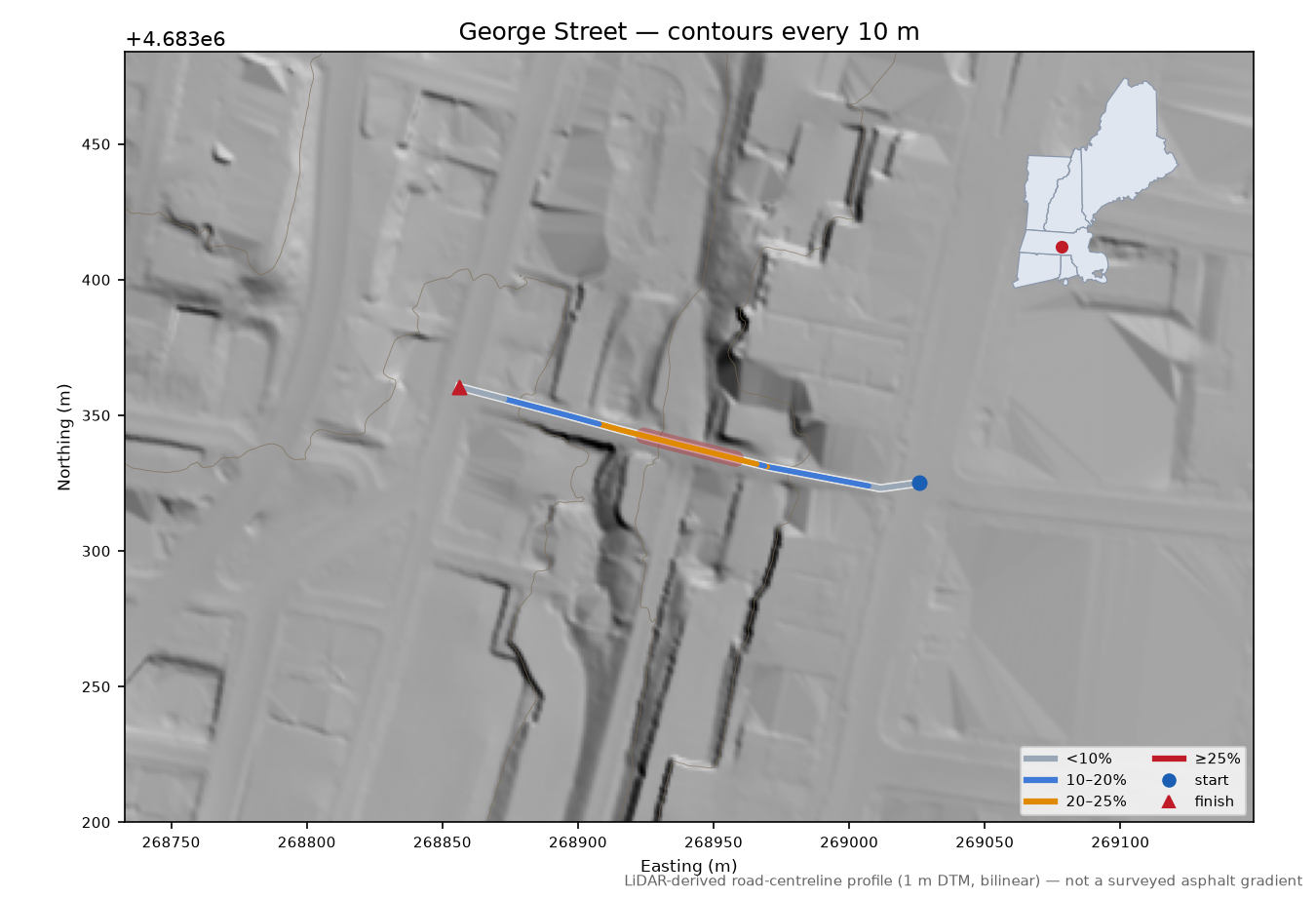 George Street LiDAR hillshade map with contours