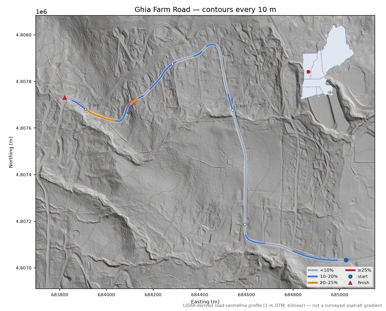 Ghia Farm Road LiDAR hillshade map with contours