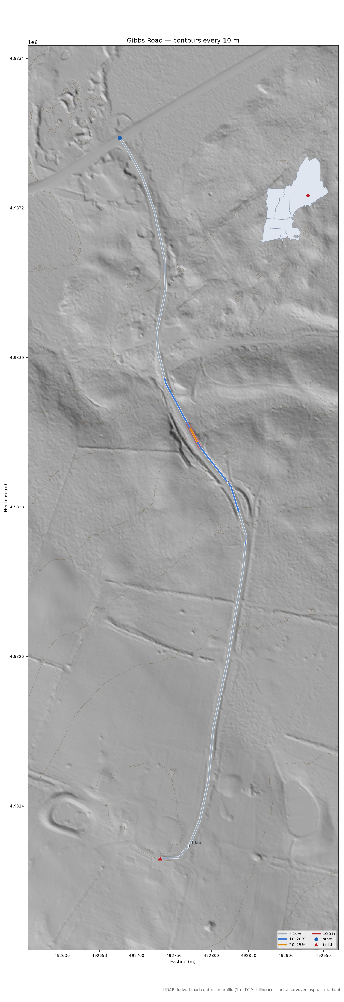 Gibbs Road LiDAR hillshade map with contours