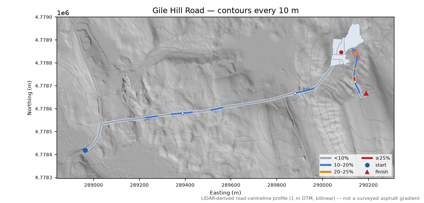 Gile Hill Road LiDAR hillshade map with contours