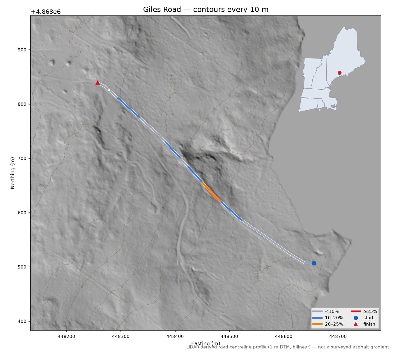 Giles Road LiDAR hillshade map with contours