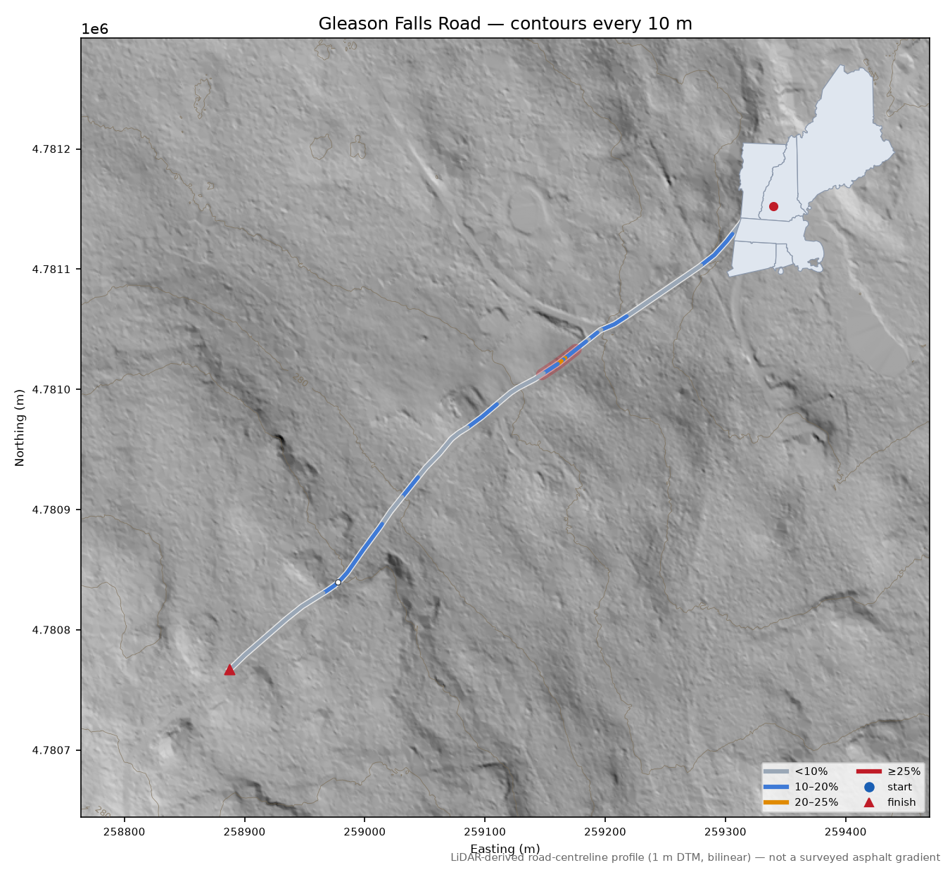 Gleason Falls Road LiDAR hillshade map with contours