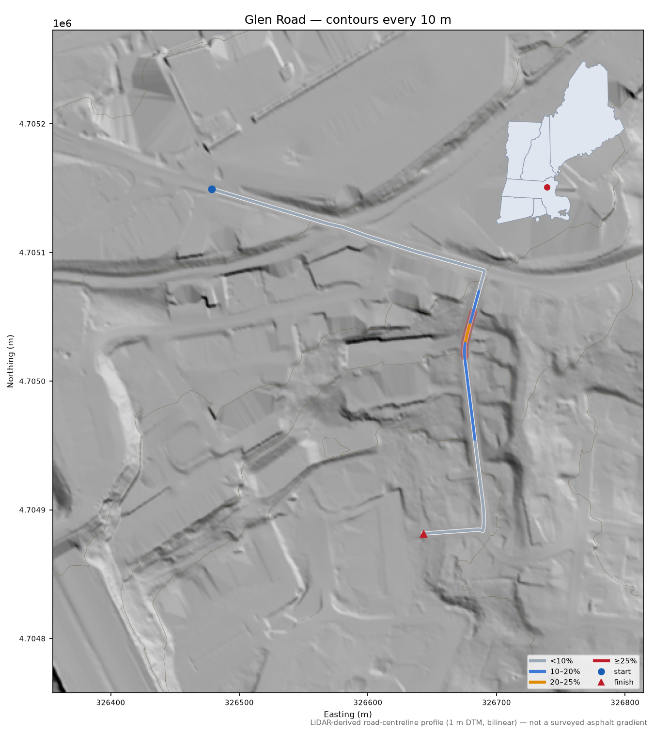 Glen Road LiDAR hillshade map with contours