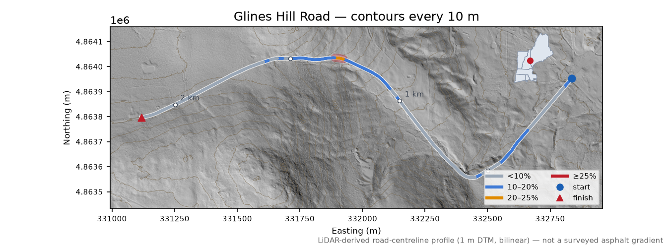 Glines Hill Road LiDAR hillshade map with contours