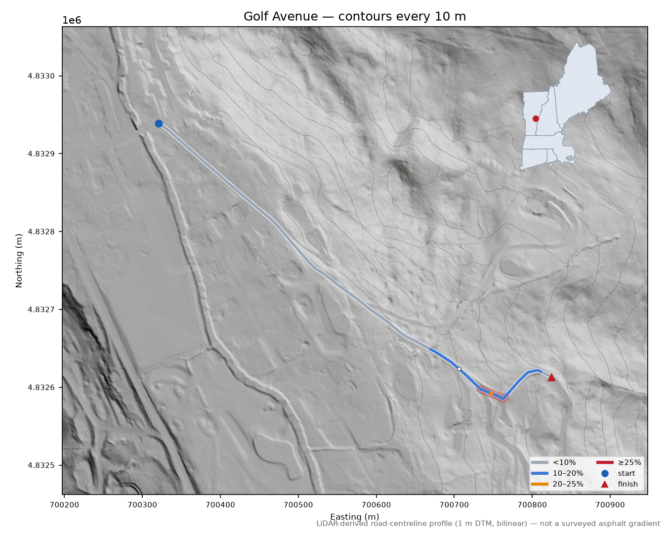 Golf Avenue LiDAR hillshade map with contours