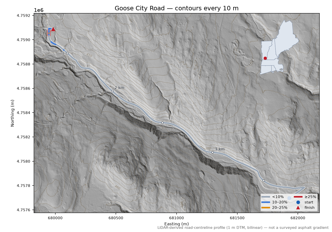 Goose City Road LiDAR hillshade map with contours