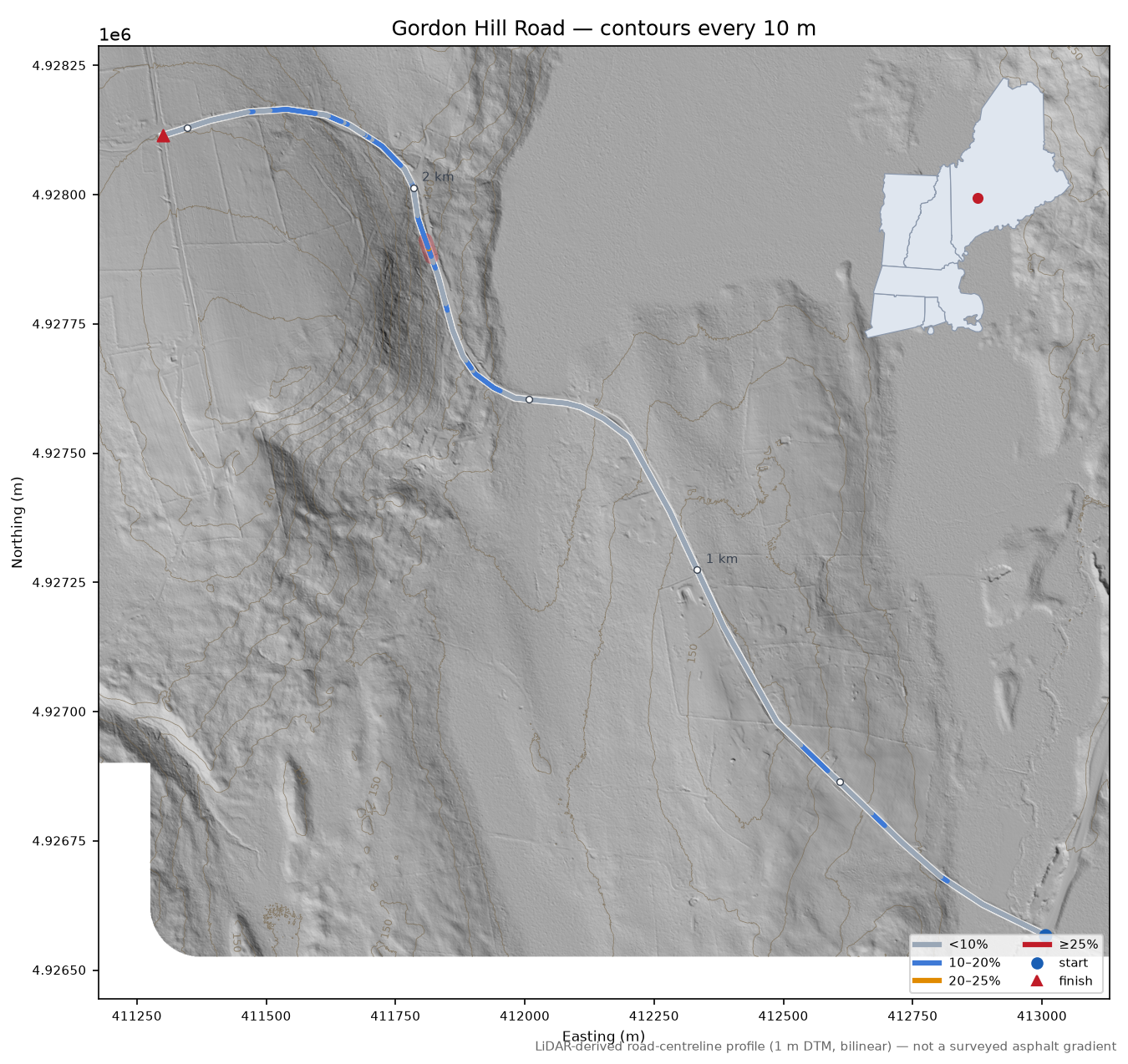 Gordon Hill Road LiDAR hillshade map with contours
