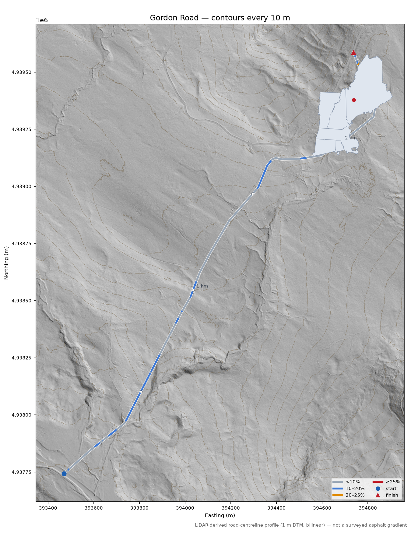 Gordon Road LiDAR hillshade map with contours