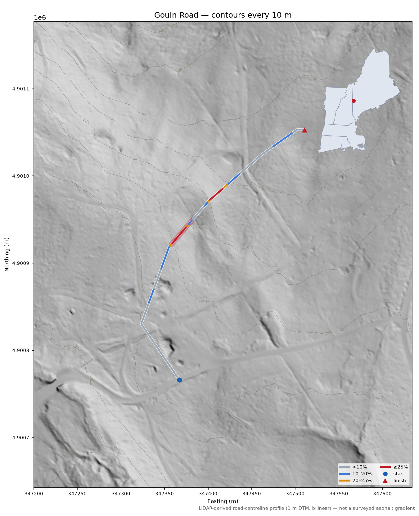 Gouin Road LiDAR hillshade map with contours