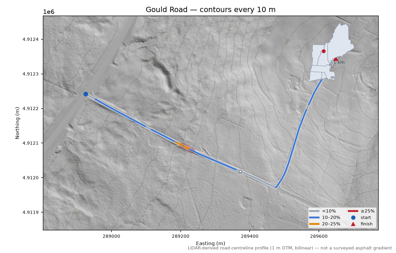 Gould Road LiDAR hillshade map with contours