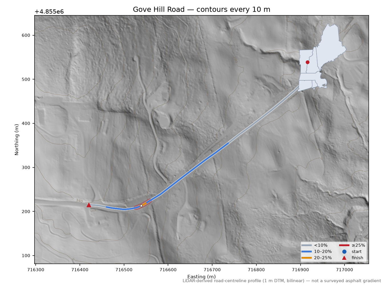Gove Hill Road LiDAR hillshade map with contours