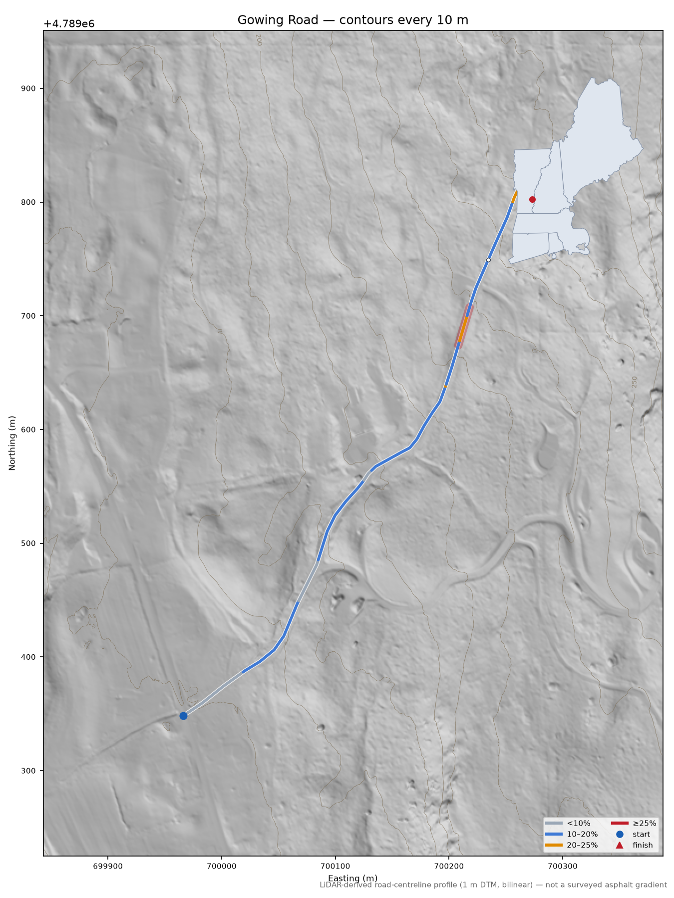 Gowing Road LiDAR hillshade map with contours