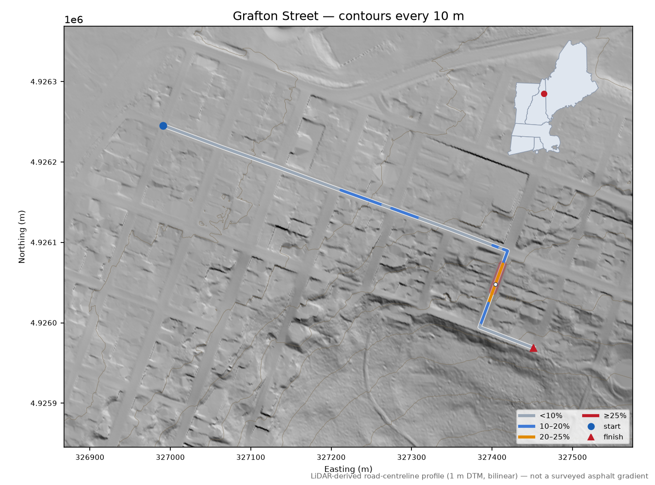 Grafton Street LiDAR hillshade map with contours