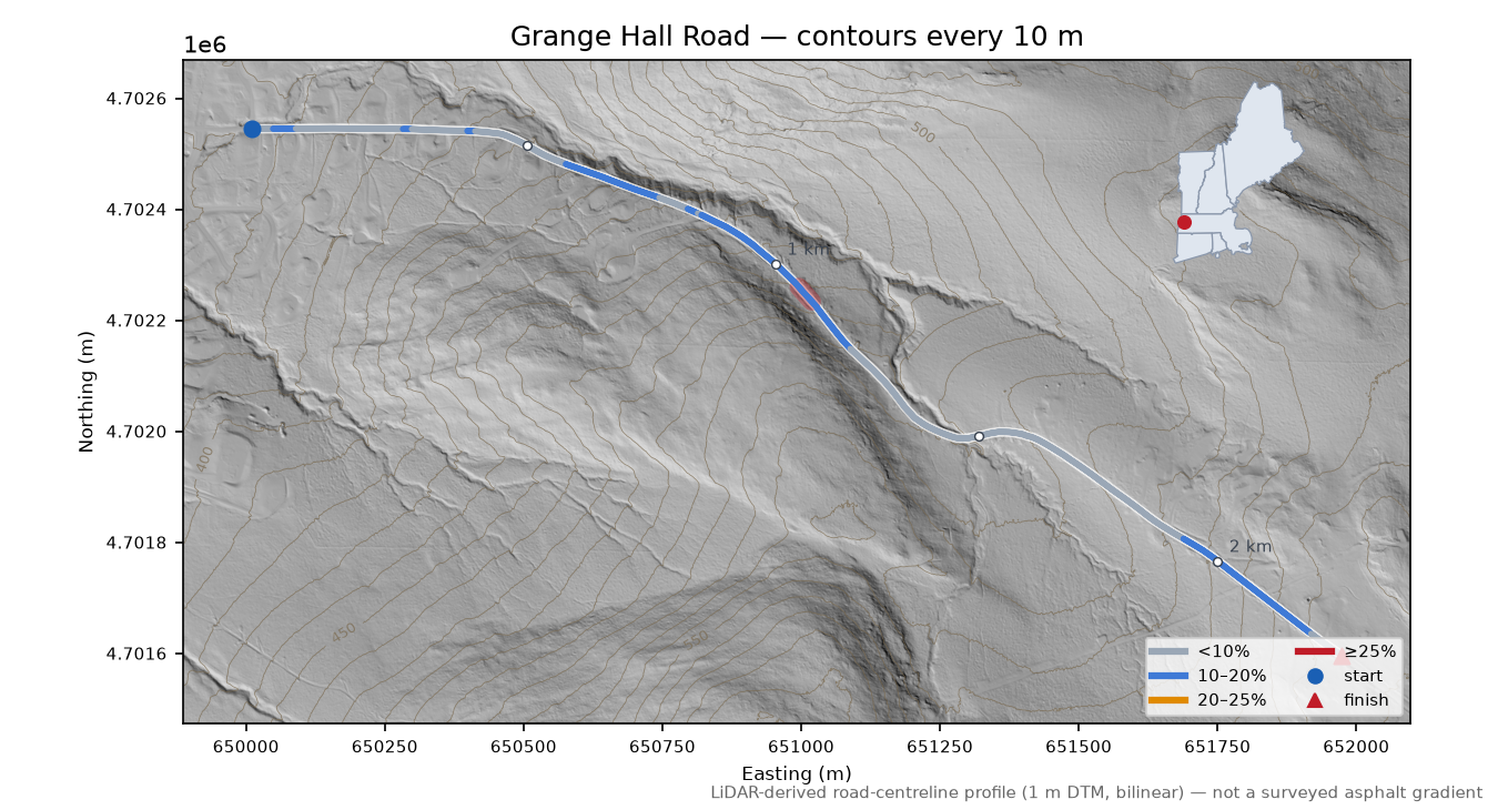 Grange Hall Road LiDAR hillshade map with contours