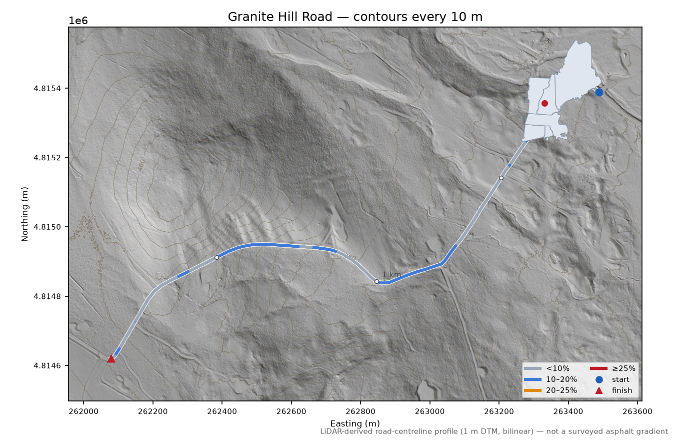 Granite Hill Road LiDAR hillshade map with contours