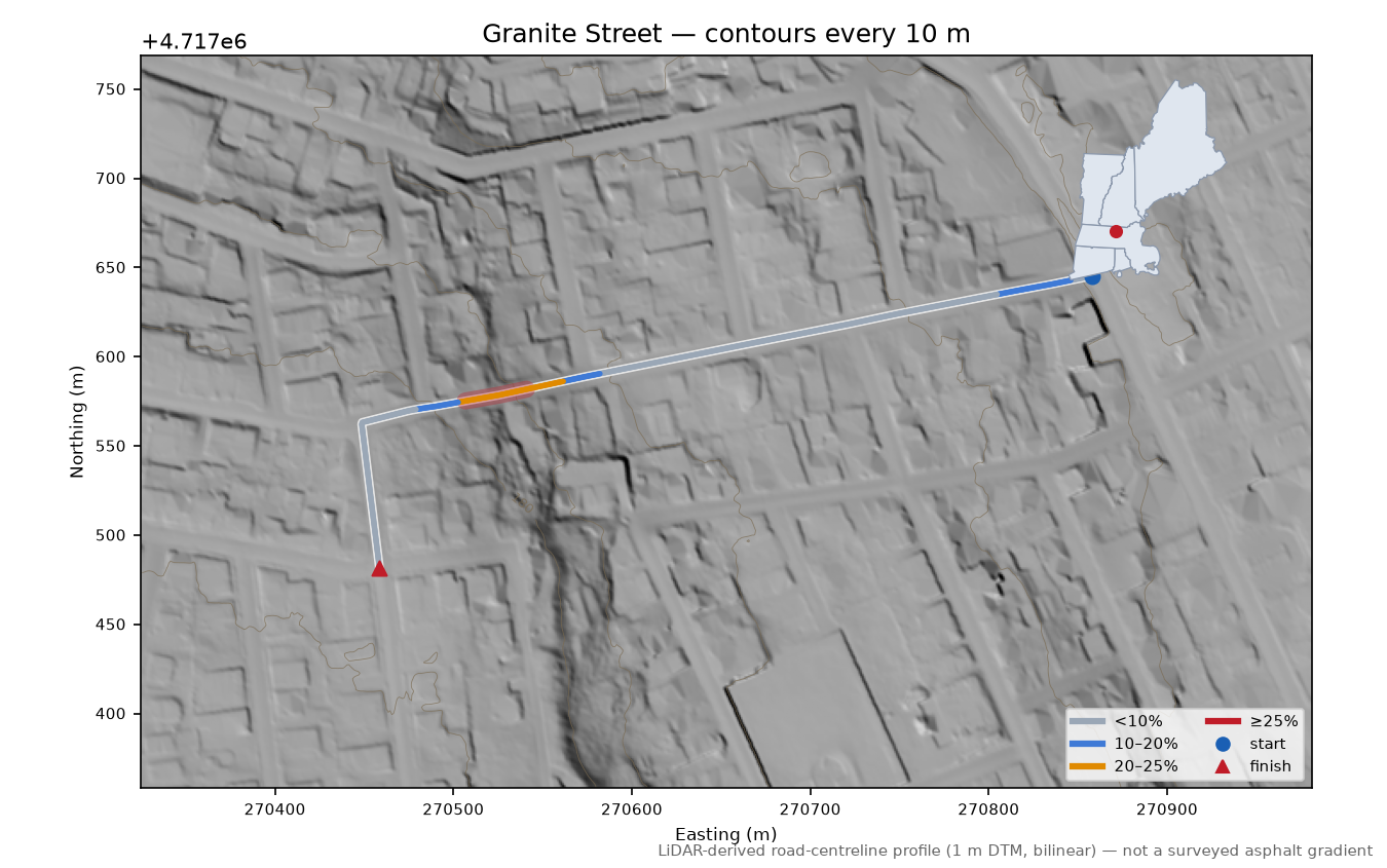 Granite Street LiDAR hillshade map with contours
