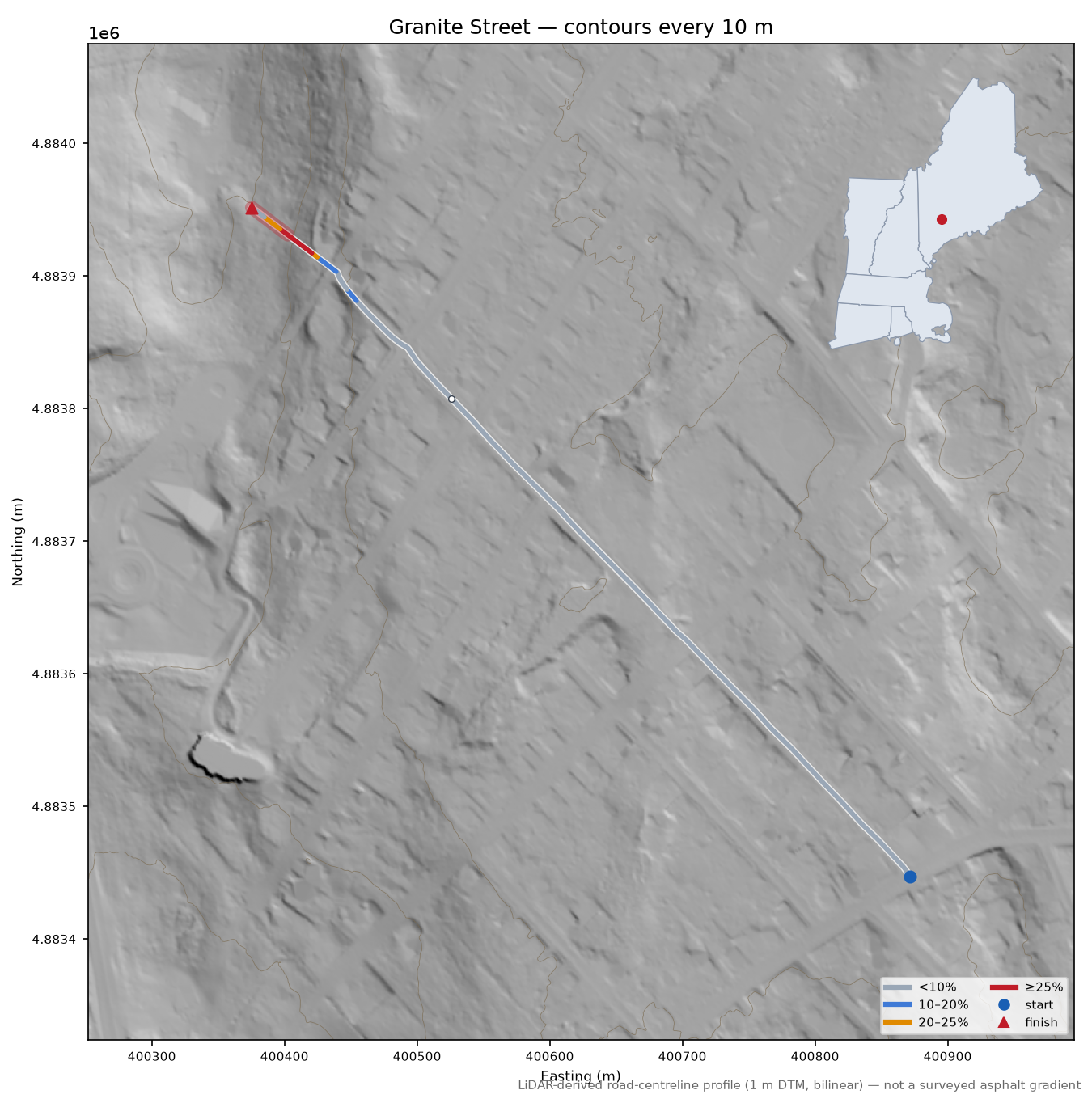 Granite Street LiDAR hillshade map with contours