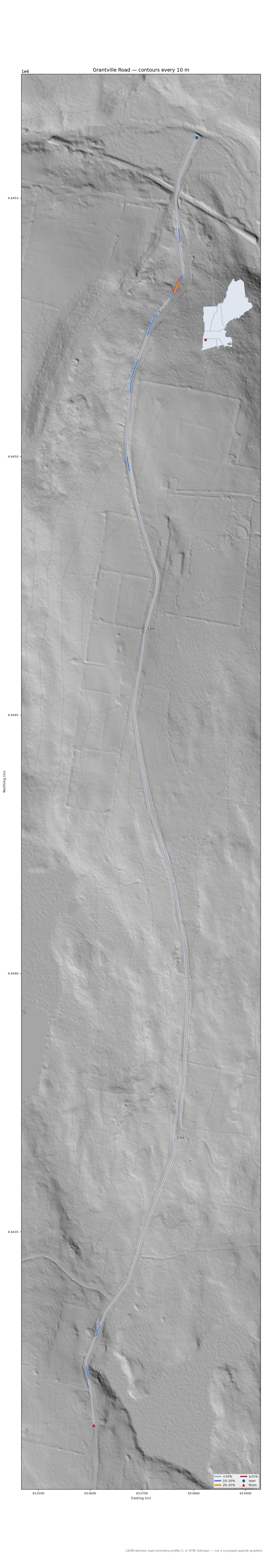 Grantville Road LiDAR hillshade map with contours
