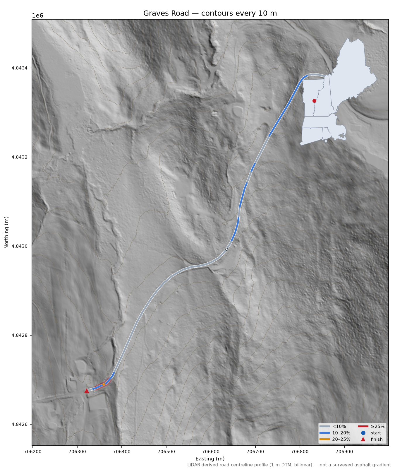 Graves Road LiDAR hillshade map with contours