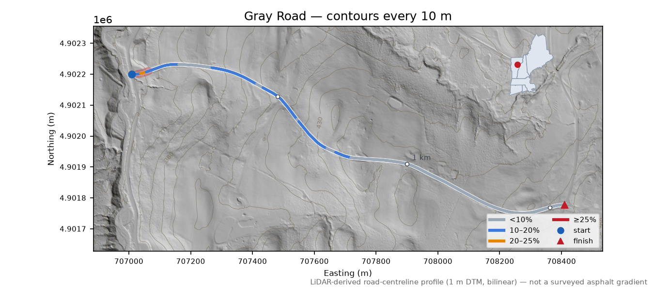 Gray Road LiDAR hillshade map with contours