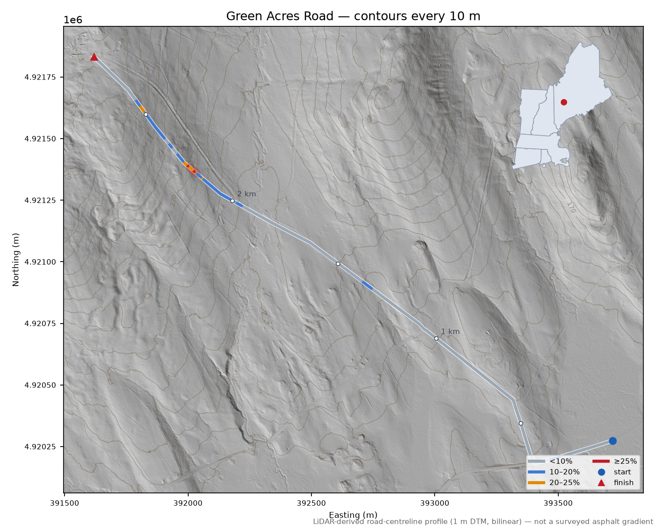Green Acres Road LiDAR hillshade map with contours