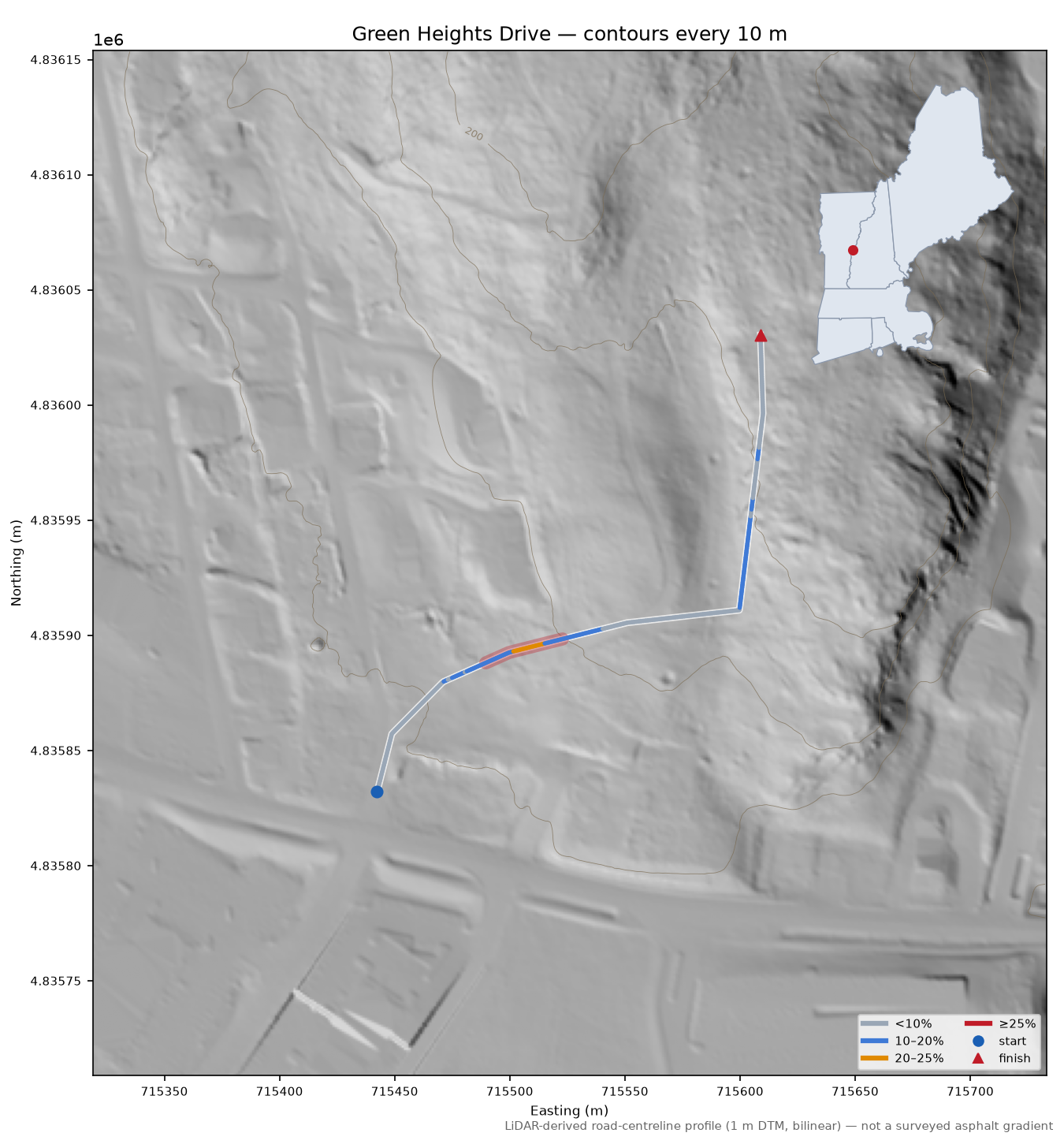 Green Heights Drive LiDAR hillshade map with contours