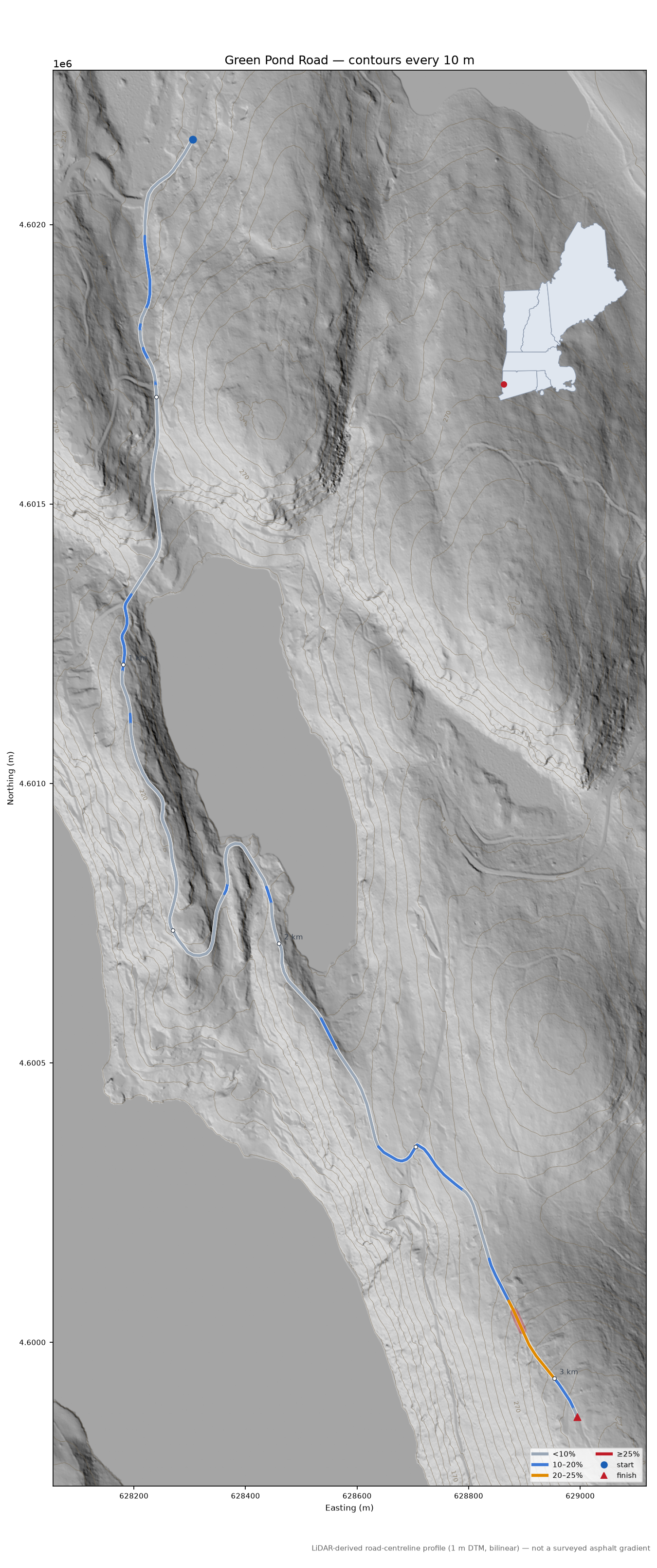 Green Pond Road LiDAR hillshade map with contours