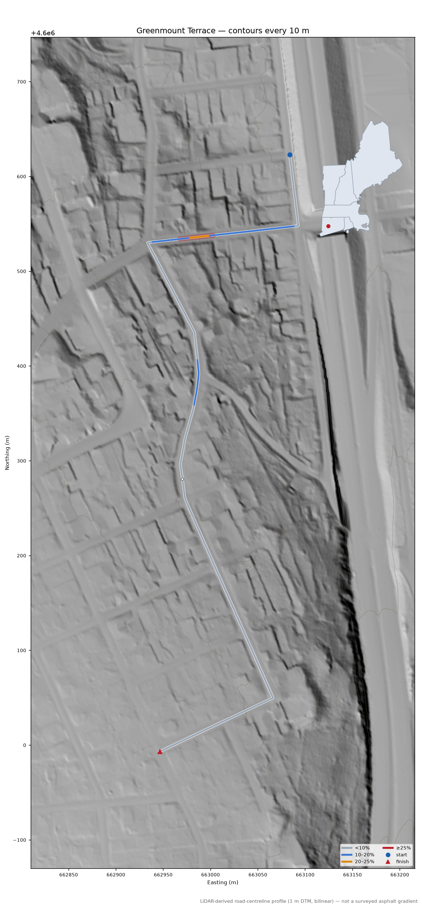 Greenmount Terrace LiDAR hillshade map with contours