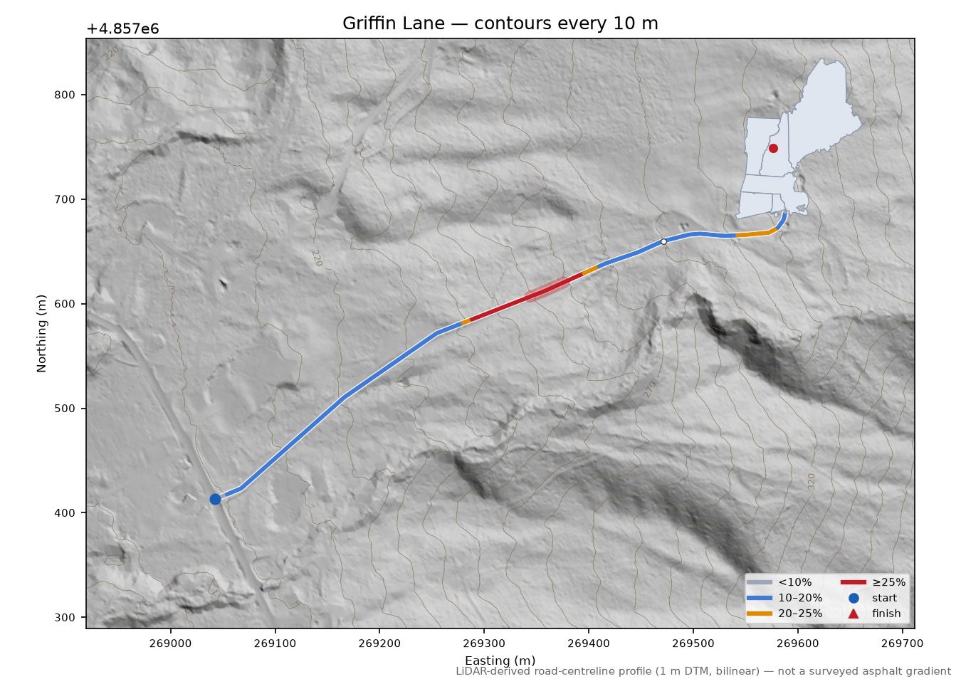 Griffin Lane LiDAR hillshade map with contours